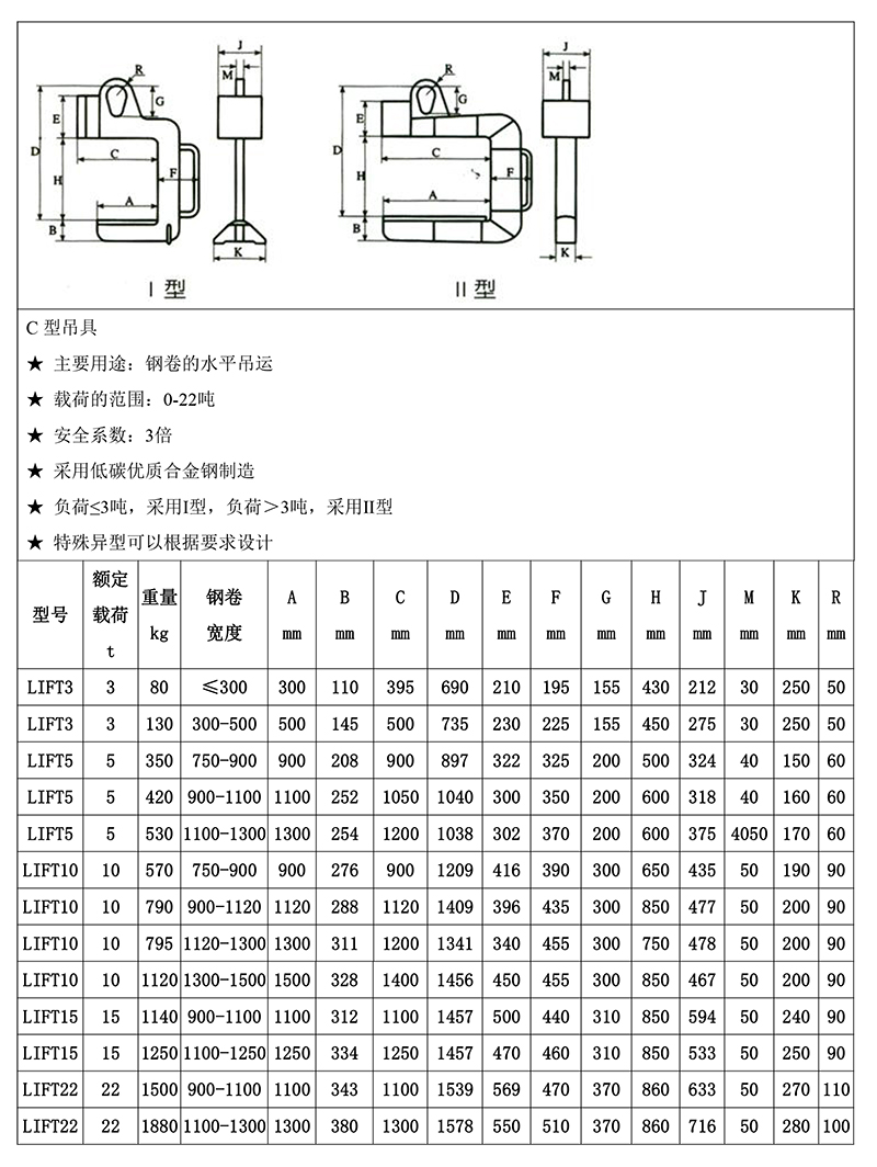 C型吊钩，钢卷吊钩常规规格参照表